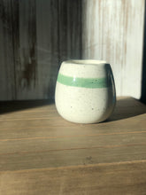 Load image into Gallery viewer, White speckled ceramic container with teal rim
